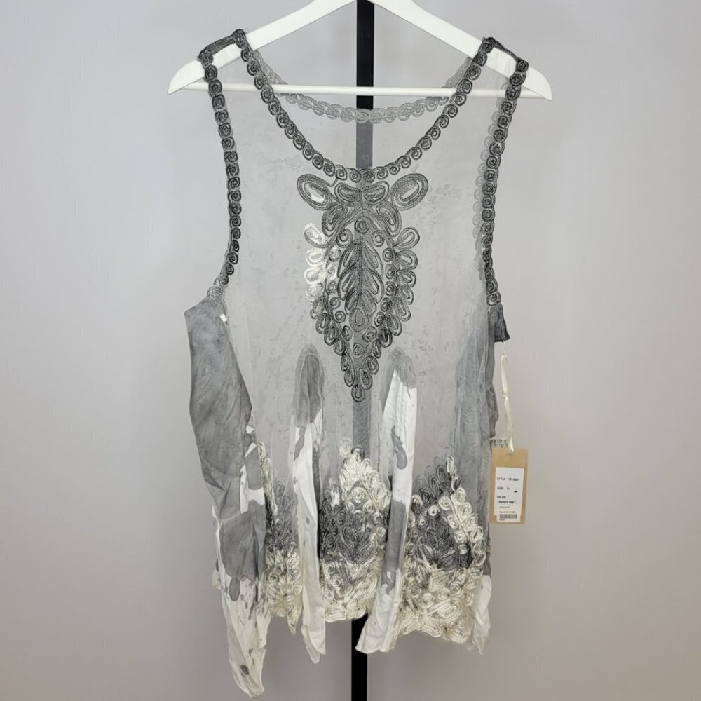 Embroidered Sheer Tank Top - Gray & White